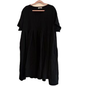 ANYSIZE Black Gauze Short Sleeve Midi Dress Lagenlook Pockets One Size 140 2X 3X